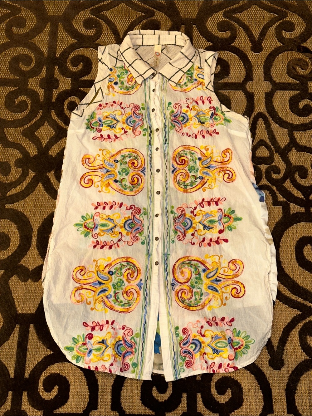 Cyrena Anthropologie Linen Blend Embroidered Tunic Boho Festival Shirt Dress LRG